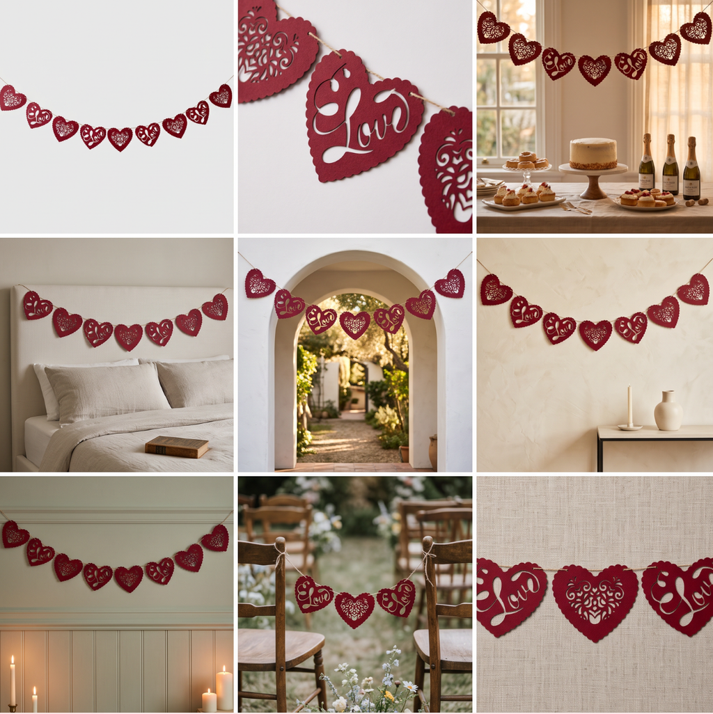 Paper Party Studio red heart bunting with floral cut-outs and cursive Love script.