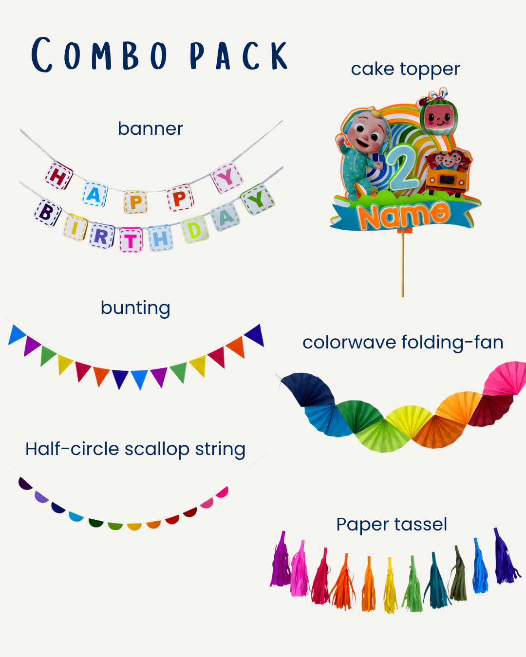 Rainbow Birthday Combo — Personalised 6-Piece Paper Decoration Set