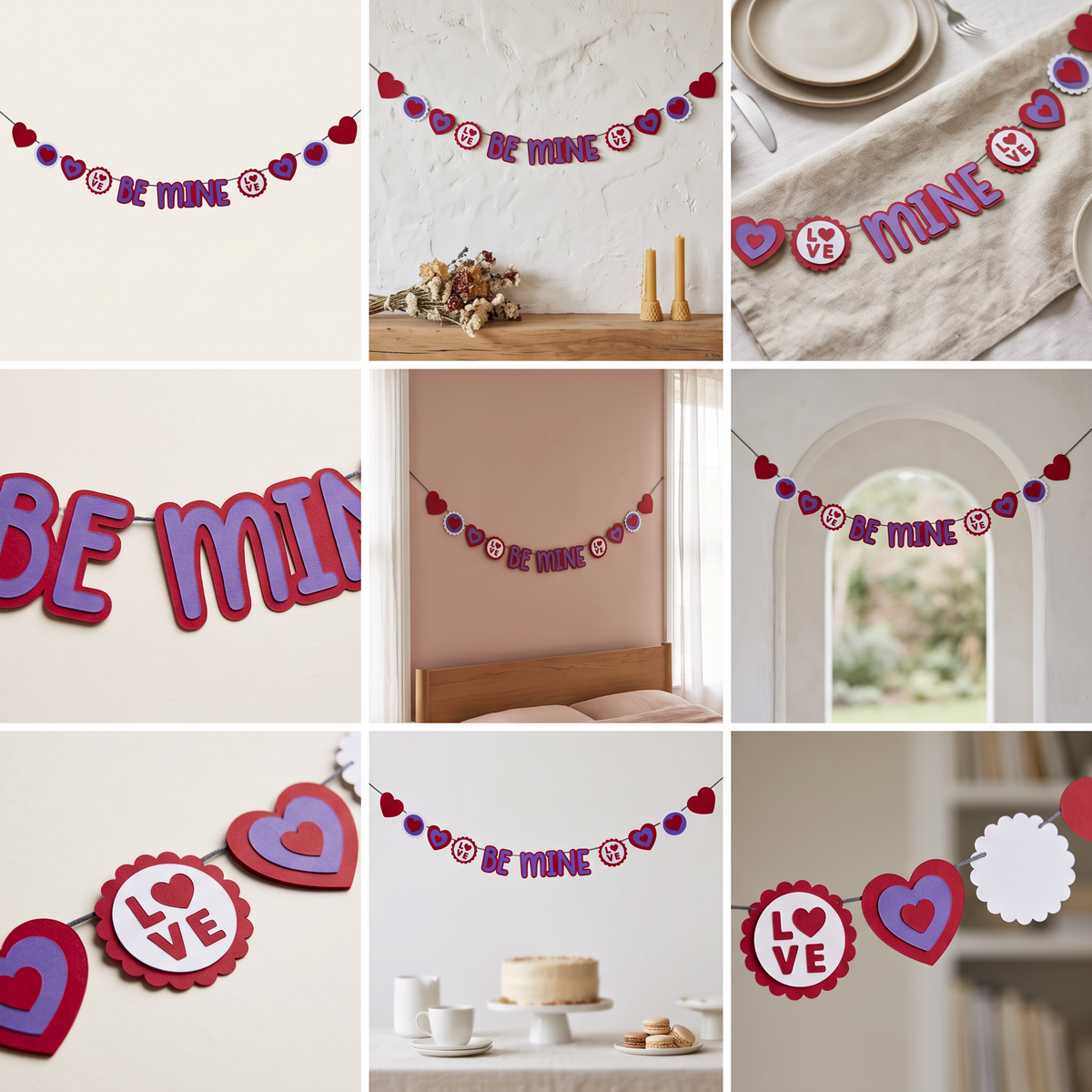 Paper Party Studio Be Mine Valentine banner in red and purple with heart and LOVE medallions, styled for a romantic setting.