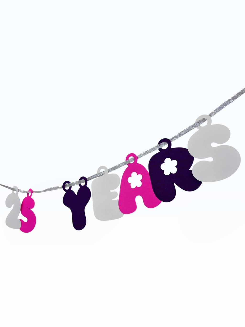 Paper Party Studio 'Cheers to 25 Years' banner with pink, purple, and white bubble letters and daisy accents on a silver cord.