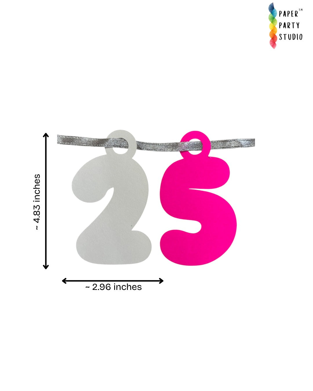 Paper Party Studio 25th anniversary paper garland with pink and white bubble numbers on a silver cord.