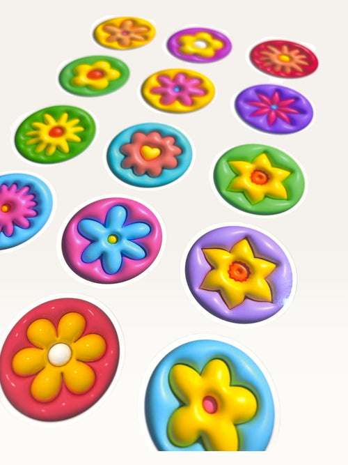 Paper Party Studio 3D flower sticker sheet featuring fifteen colorful, puffy-look floral designs on a glossy finish.
