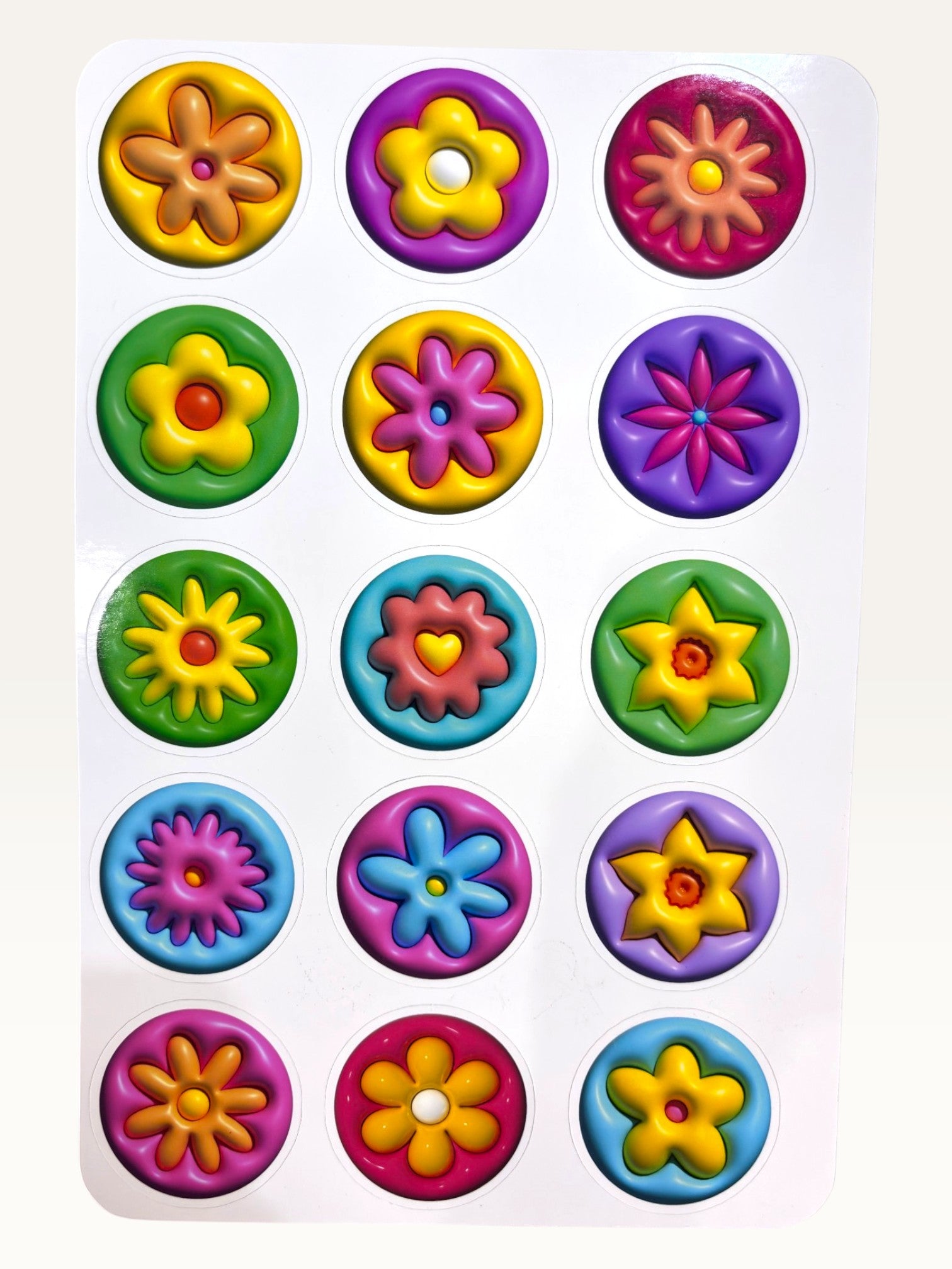 Paper Party Studio 3D flower sticker sheet featuring fifteen colorful, glossy, puffy-style floral designs for crafts.