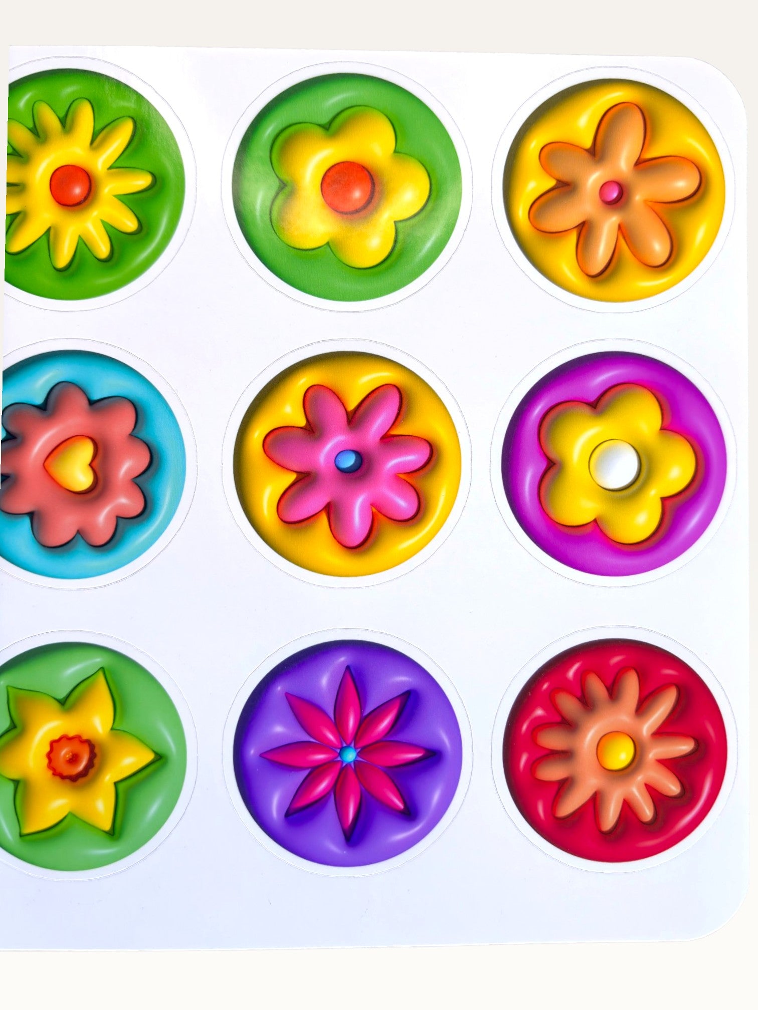 Paper Party Studio 3D flower sticker sheet with fifteen colorful, puffy, glossy kiss-cut floral designs for crafts.