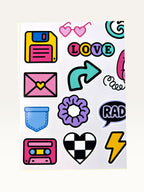 Paper Party Studio 90s nostalgia sticker sheet featuring glossy kiss-cut designs like floppy disks and scrunchies.