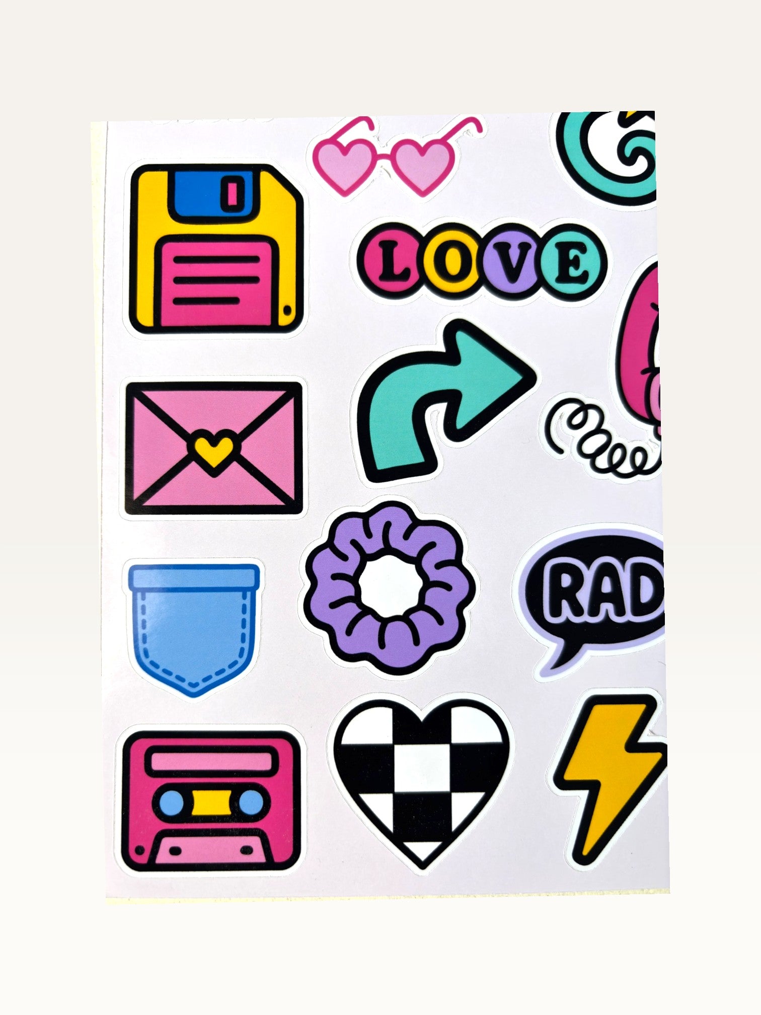 Paper Party Studio 90s nostalgia sticker sheet featuring glossy kiss-cut designs like floppy disks and scrunchies.