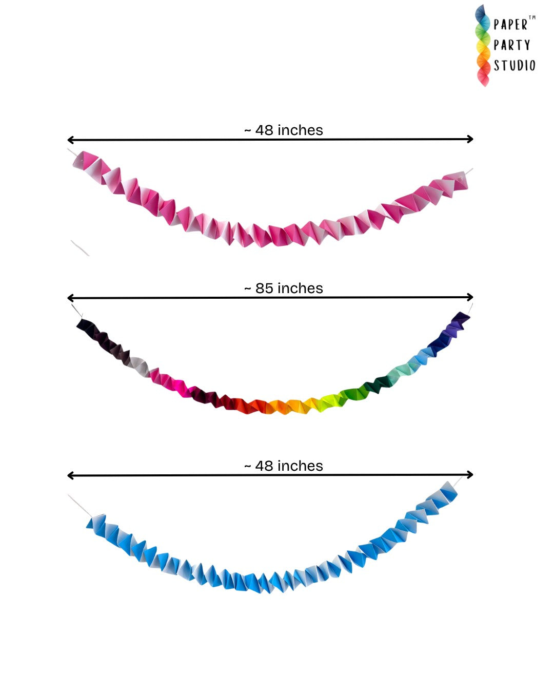 Paper Party Studio accordion streamer garlands in pink ombre, rainbow, and blue ombre cardstock for party decor.