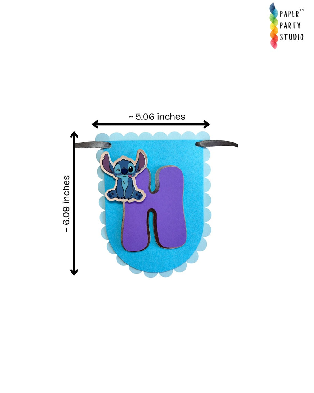 Paper Party Studio blue scalloped cardstock birthday banner flag with purple letter H and cute alien character.