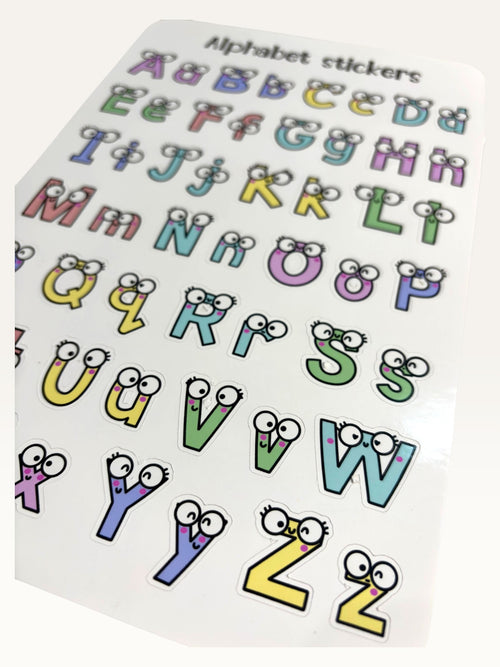 Paper Party Studio alphabet sticker sheet with colourful uppercase and lowercase letters featuring googly eyes