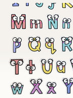 Paper Party Studio alphabet sticker sheet with colourful glossy letters featuring cute googly eyes and expressions.