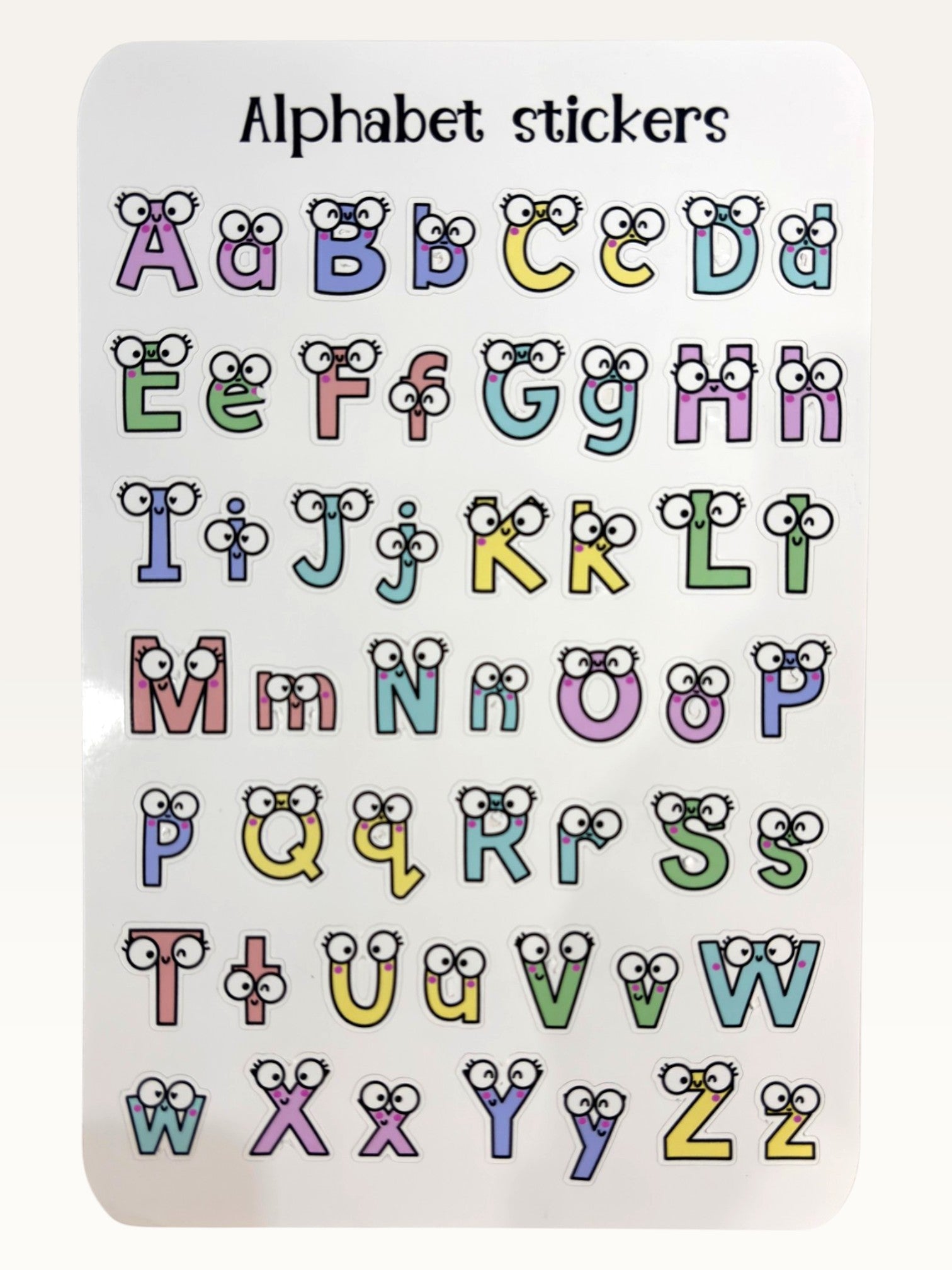 Paper Party Studio alphabet sticker sheet with colourful uppercase and lowercase letters featuring googly eyes