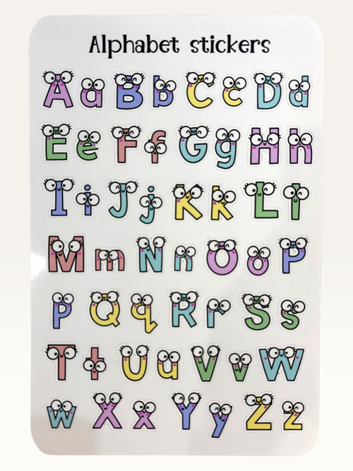 Paper Party Studio alphabet sticker sheet with colourful uppercase and lowercase letters featuring googly eyes