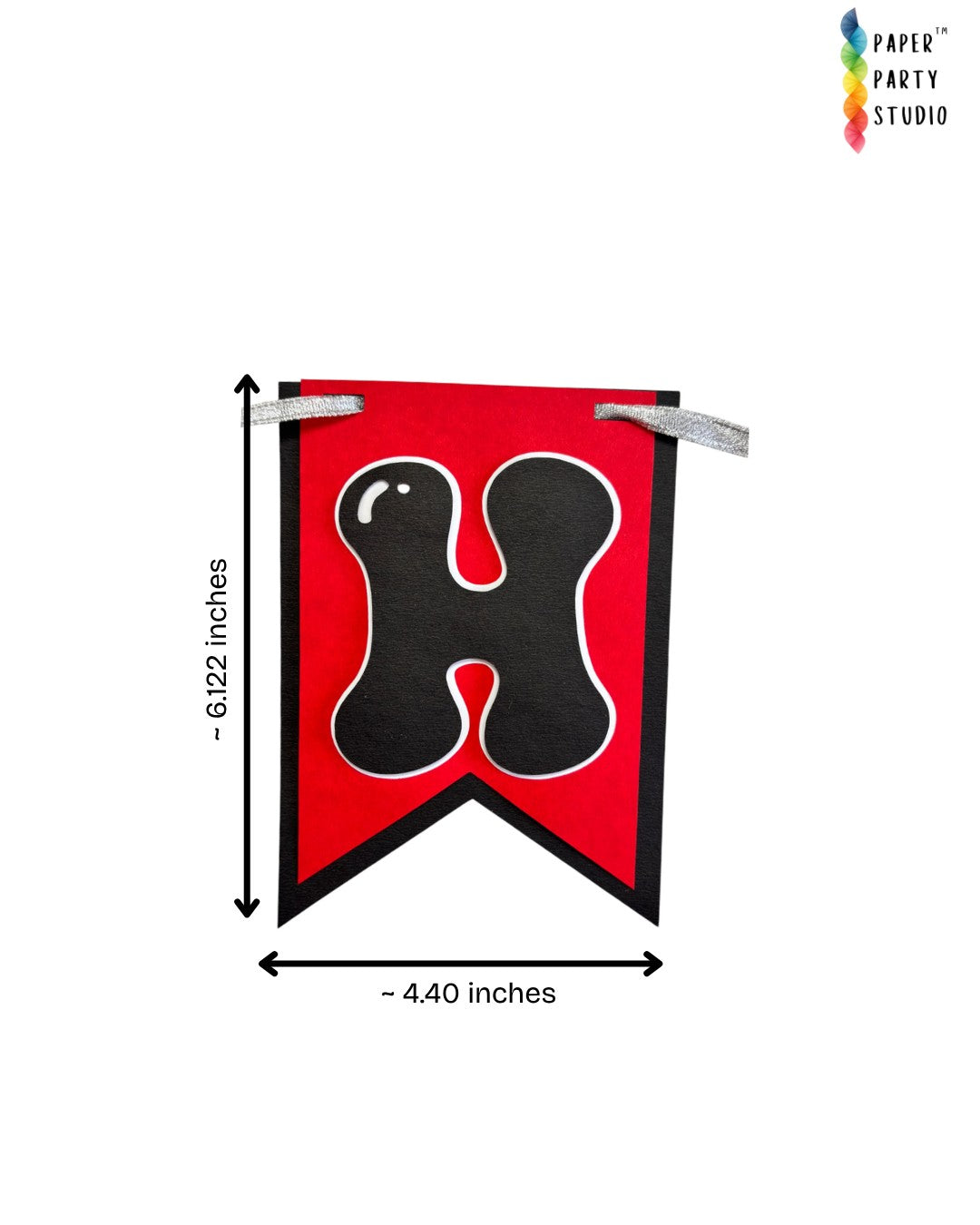 Paper Party Studio red and black swallowtail cardstock banner flag with a playful bubble letter H.