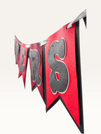 Paper Party Studio red and black swallowtail Happy Anniversary bunting with 3D bubble letters on premium cardstock.
