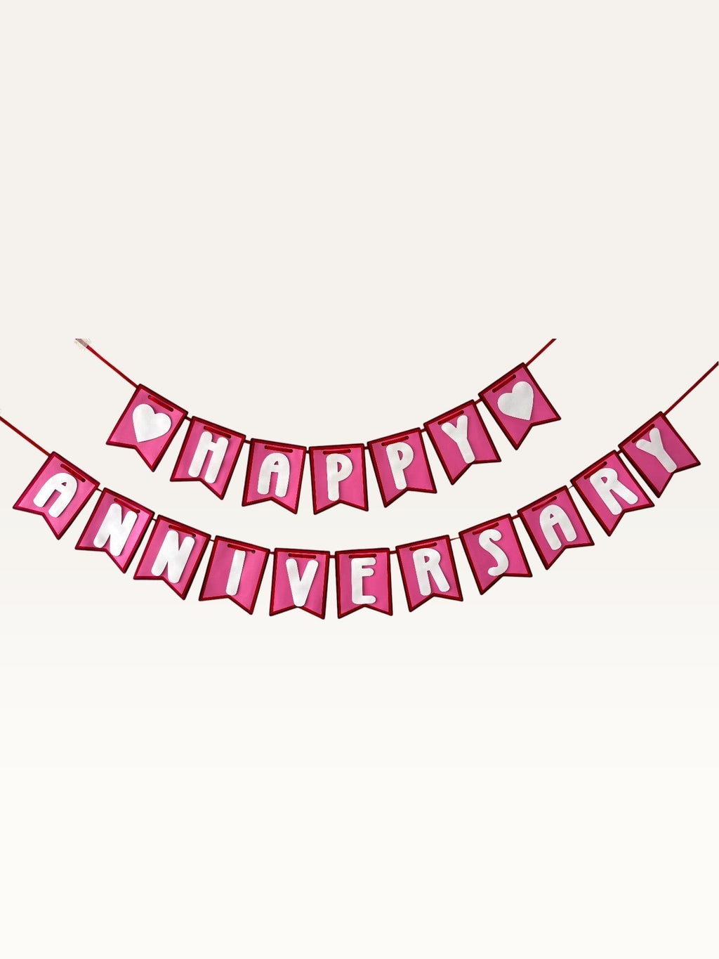 Paper Party Studio pink and white Happy Anniversary swallowtail paper bunting banner with heart accents.