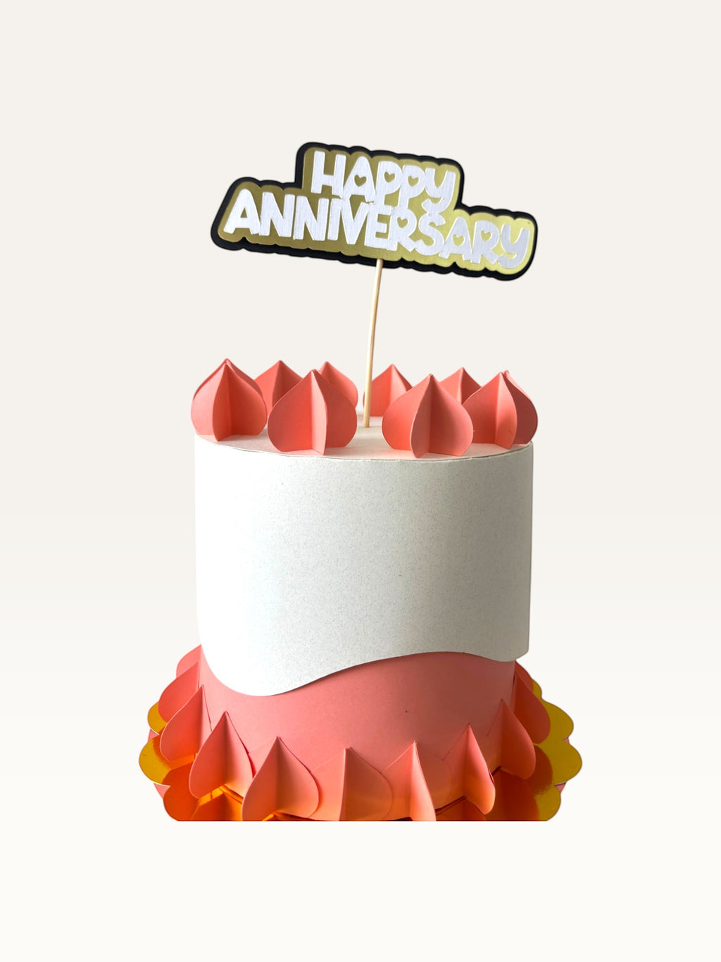 Paper Party Studio Happy Anniversary cake topper with white, gold, and black layered cardstock on a wooden pick.