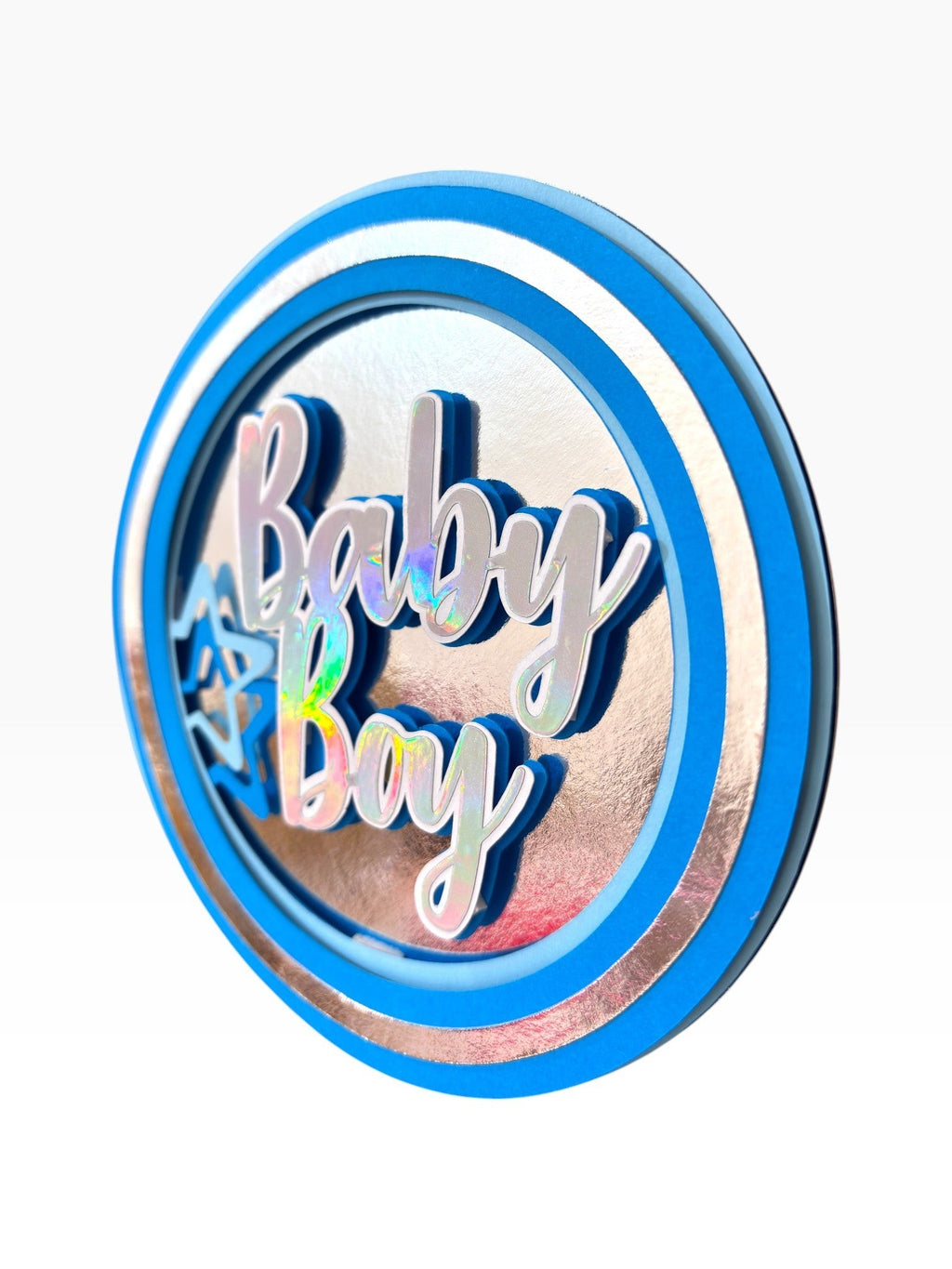 Paper Party Studio blue and silver holographic layered cardstock Baby Boy cake topper with star accent.