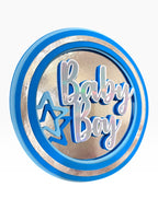 Paper Party Studio blue and silver holographic "Baby Boy" cake topper with layered stars.