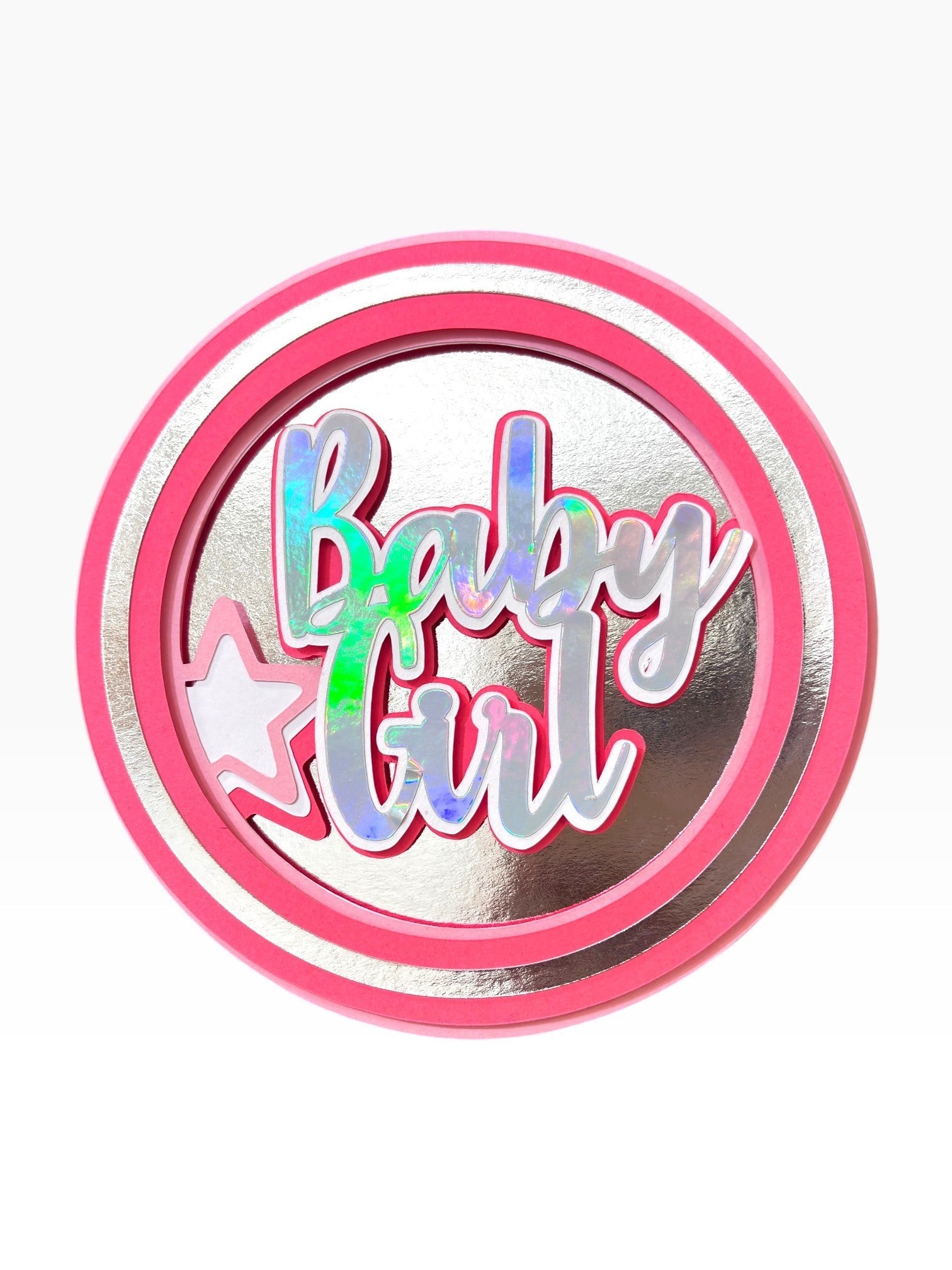 Paper Party Studio Baby Girl holographic layered cardstock cake topper with star accent and pink silver finish.