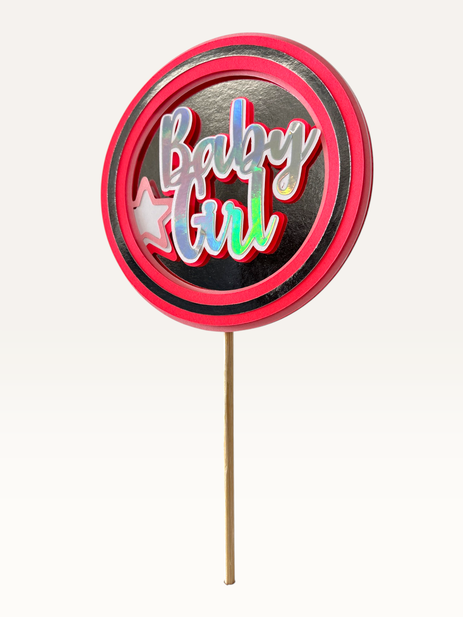 Paper Party Studio Baby Girl holographic cake topper with pink and silver finish