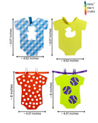 Paper Party Studio baby onesie garland with cardstock cut-outs in various patterns and colors for baby shower decor.