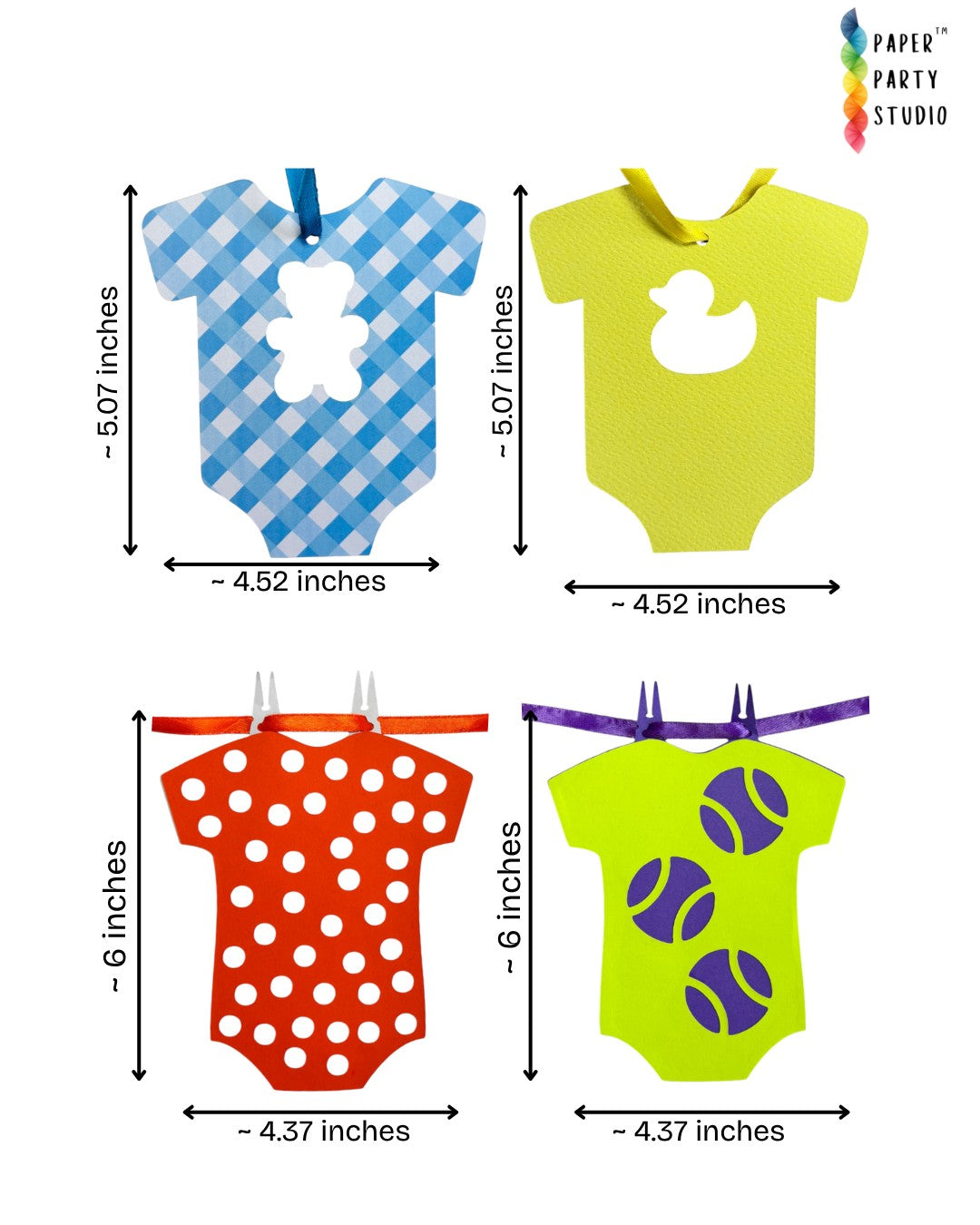 Paper Party Studio baby onesie garland with cardstock cut-outs in various patterns and colors for baby shower decor.