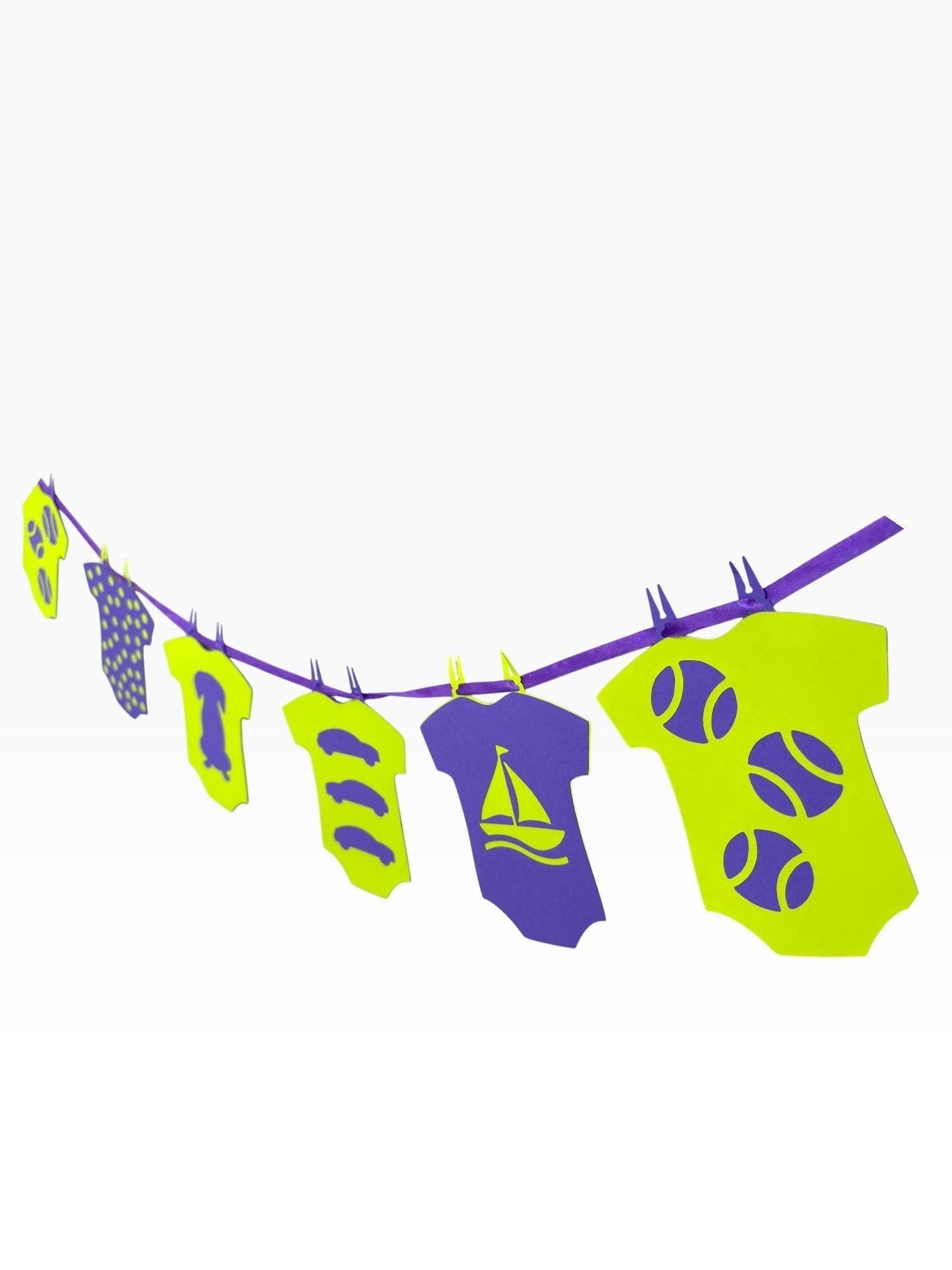 Paper Party Studio Boy (Lime & Purple) baby onesie garland with sailboats, balls, puppies, and polka dots.
