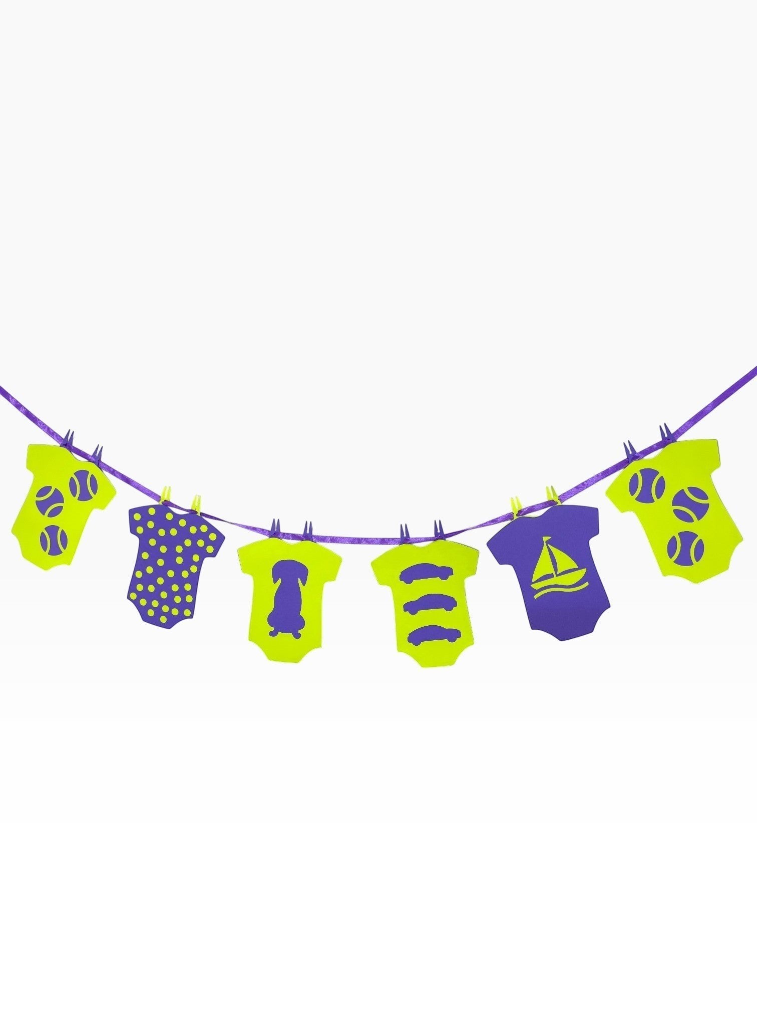 Paper Party Studio lime green and purple baby onesie garland with playful cut-outs like sailboats and puppies.