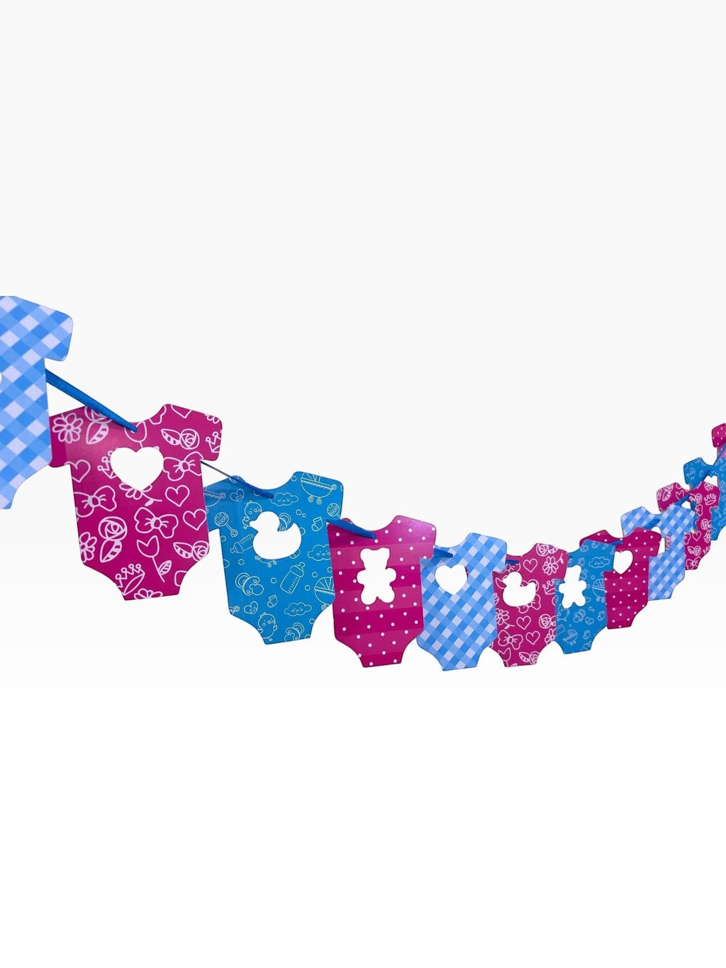 Paper Party Studio pastel baby onesie garland with pink, blue, and gingham cutouts featuring teddy bears and hearts.