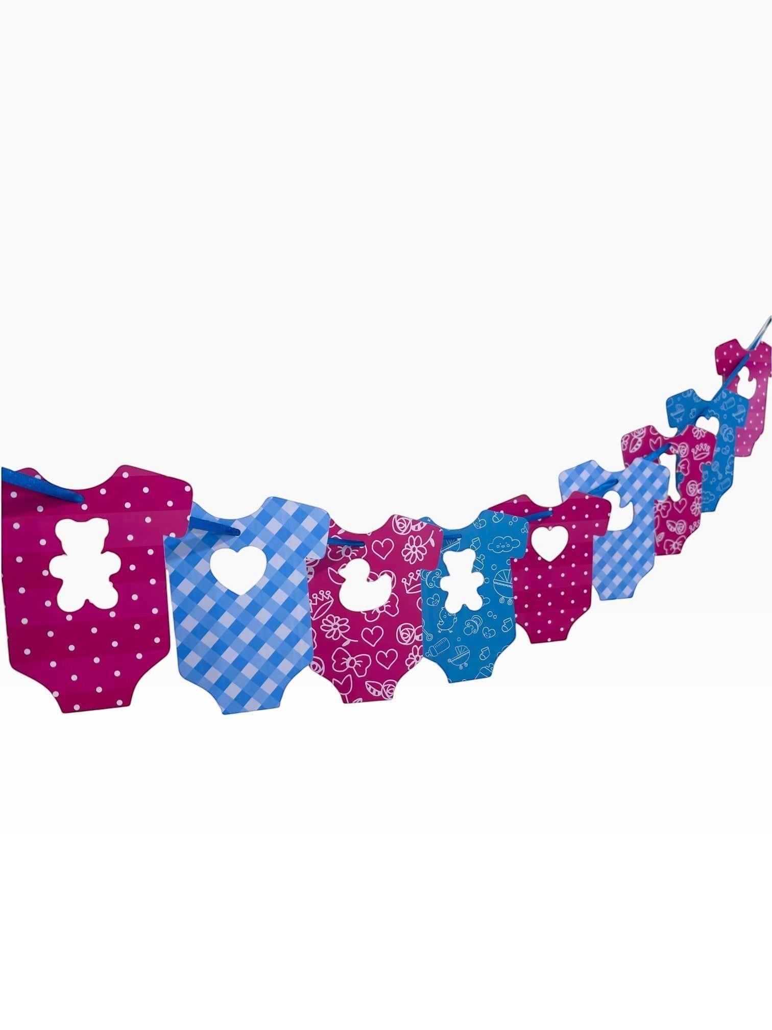 Paper Party Studio baby onesie garland with pink and blue patterned cut-outs on a white background.