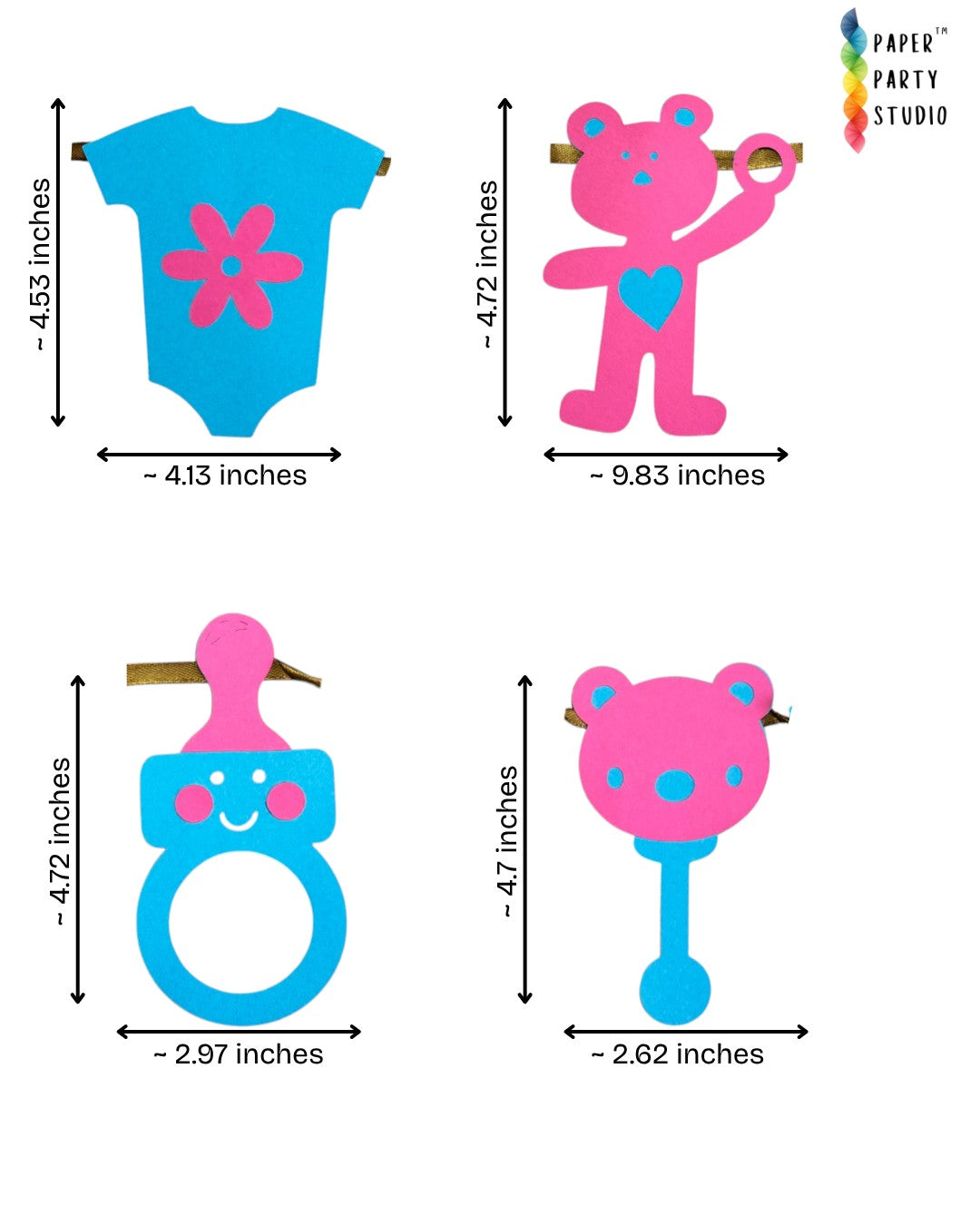 Paper Party Studio pink and blue cardstock baby shower garland with onesie, teddy bear, rattle, and bottle cut-outs.