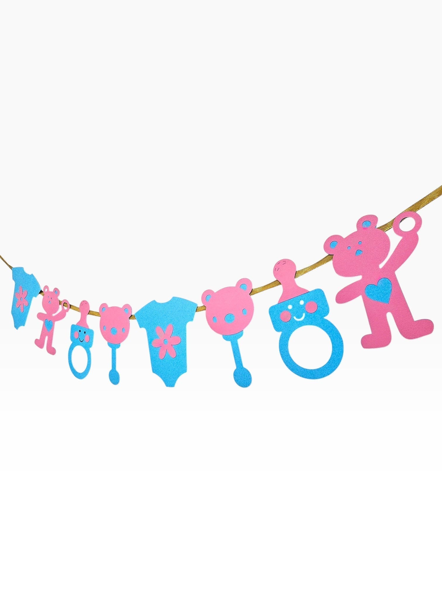 Paper Party Studio pink and blue baby shower garland with teddy bears, rattles, onesies, and baby bottles on a gold cord.