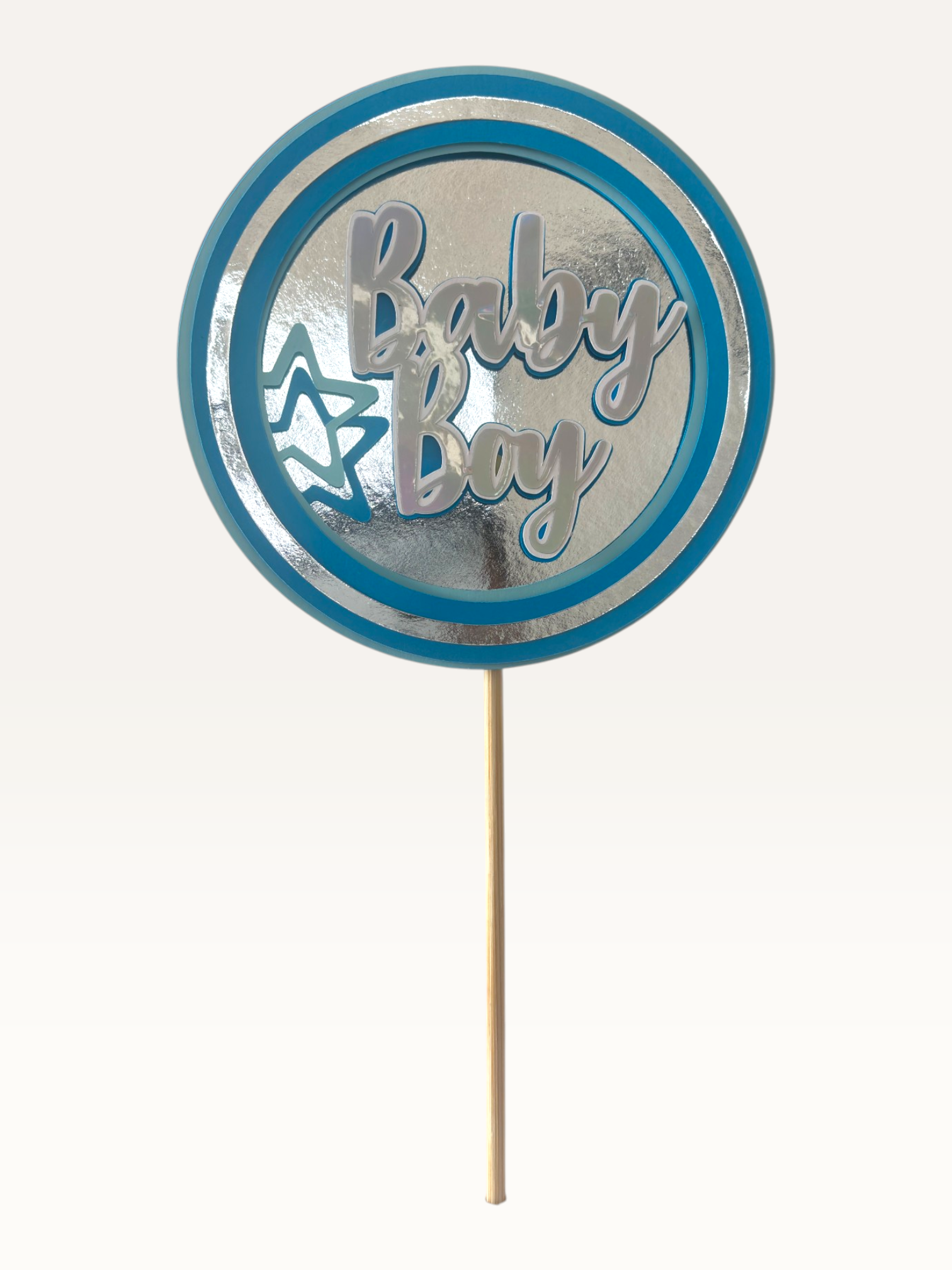 Paper Party Studio Baby Shower holographic cake topper in pink and blue layered cardstock