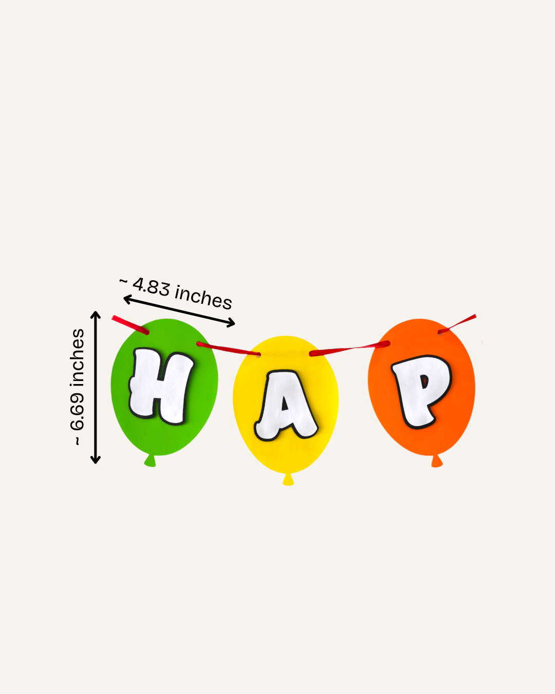 Paper Party Studio multicoloured balloon birthday banner with white dimensional letters on green, yellow, and orange
