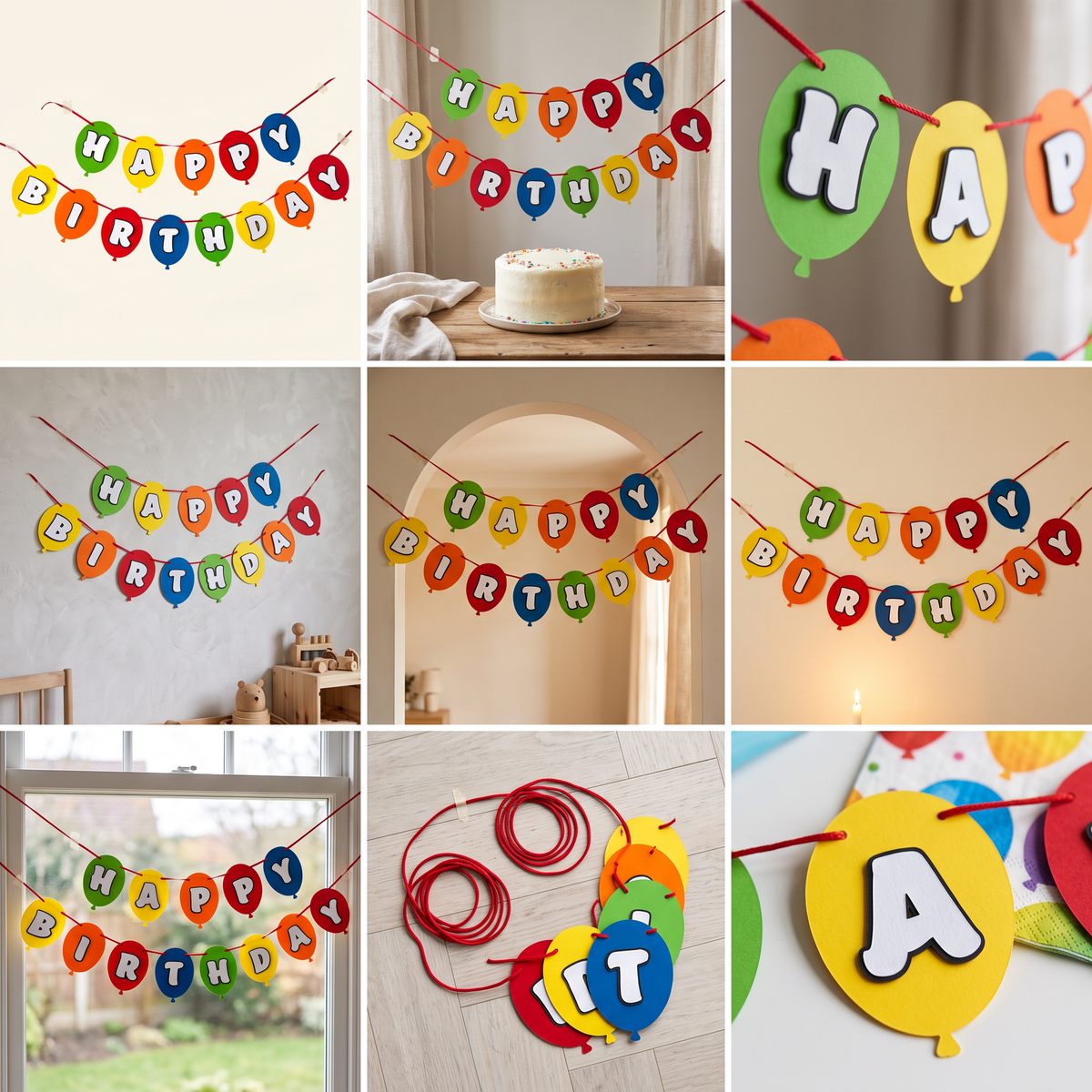 Paper Party Studio multicoloured balloon-shaped Happy Birthday banner with dimensional white letters on red string.