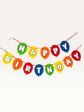 Paper Party Studio multicoloured balloon birthday banner with bold white letters on red, blue, yellow, and green flags