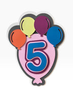 Paper Party Studio layered cardstock balloon cake topper with a blue number 5 and mini balloons in yellow, purple, and orange.