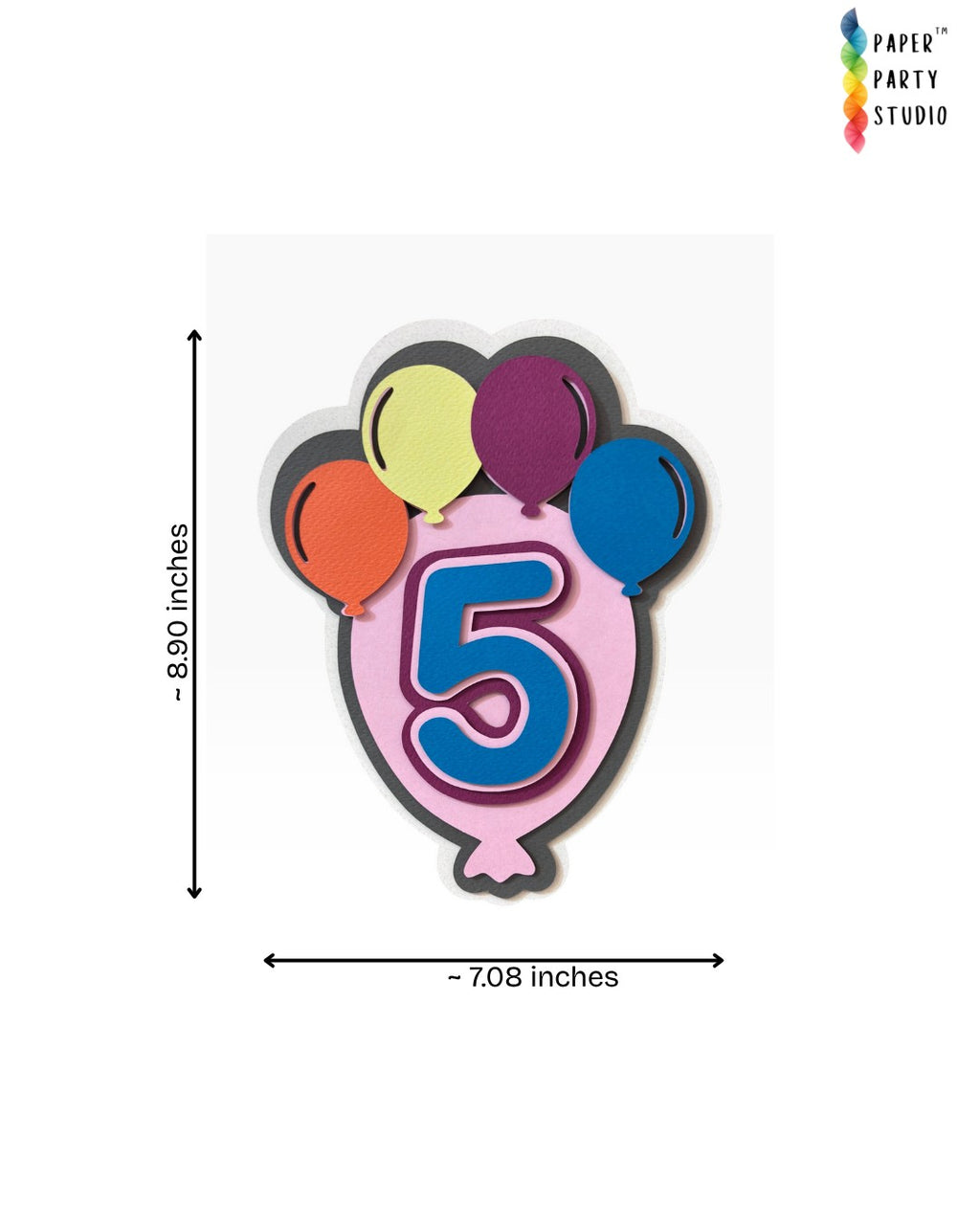 Paper Party Studio personalised balloon number 5 cake topper in layered, multi-colored cardstock for birthdays.