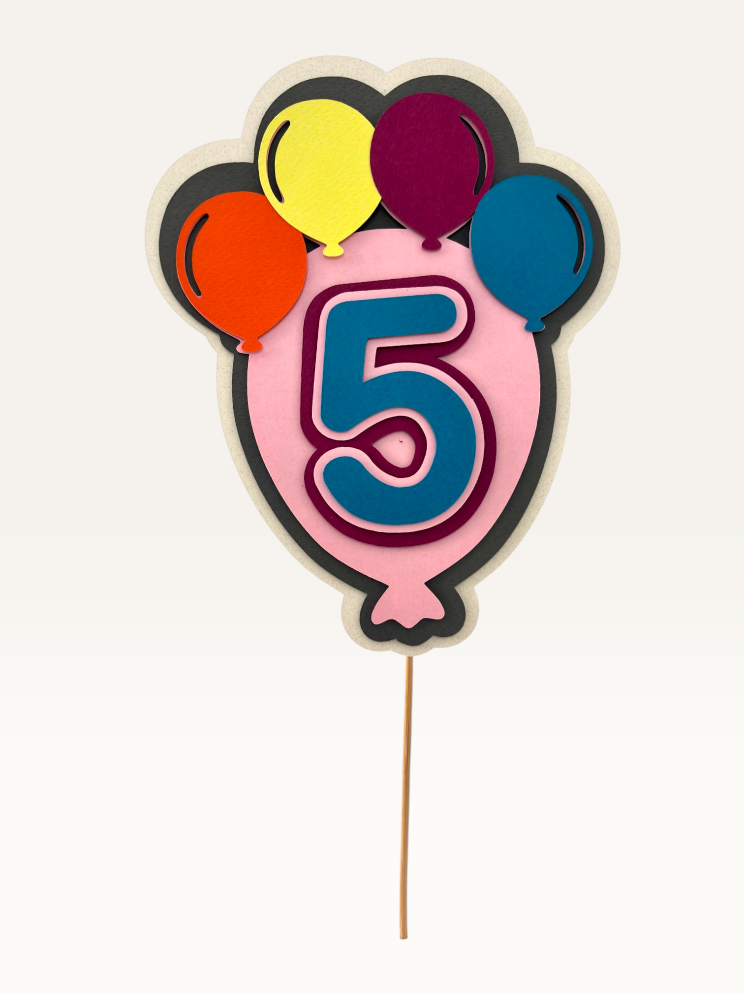 Paper Party Studio personalised balloon number cake topper with layered cardstock and mini balloons