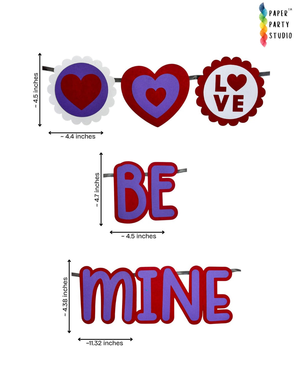 Paper Party Studio Be Mine banner with red and purple cardstock hearts and LOVE medallions for romantic decor.