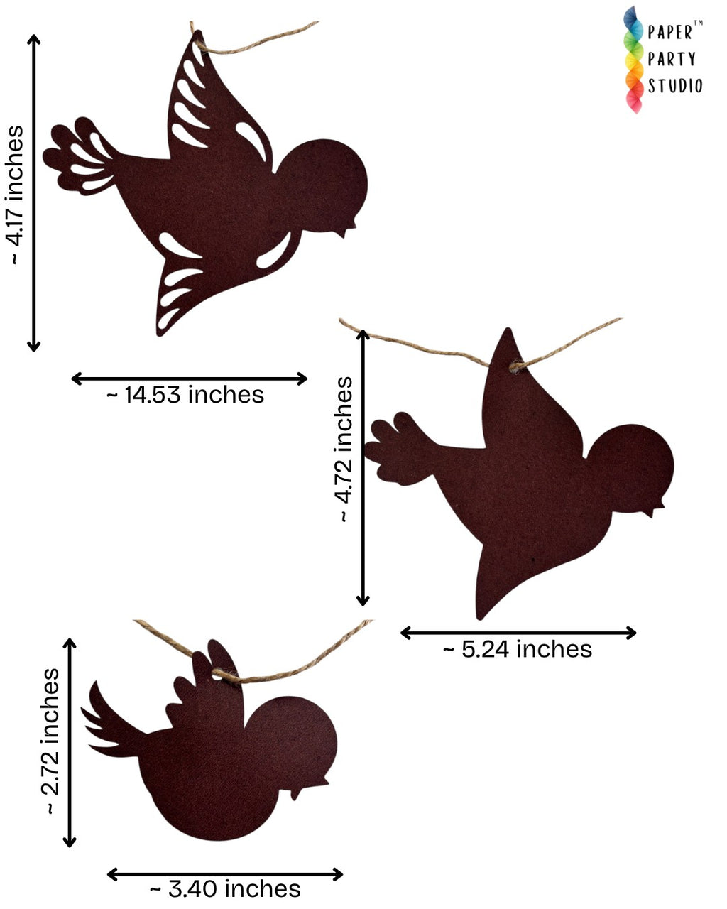 Paper Party Studio brown cardstock bird silhouette garland with delicate wing cut-outs for wedding or party decor.