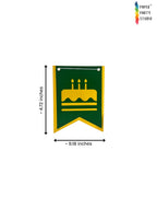 Paper Party Studio green and yellow swallowtail birthday banner flag with a cake cutout and dimension labels.