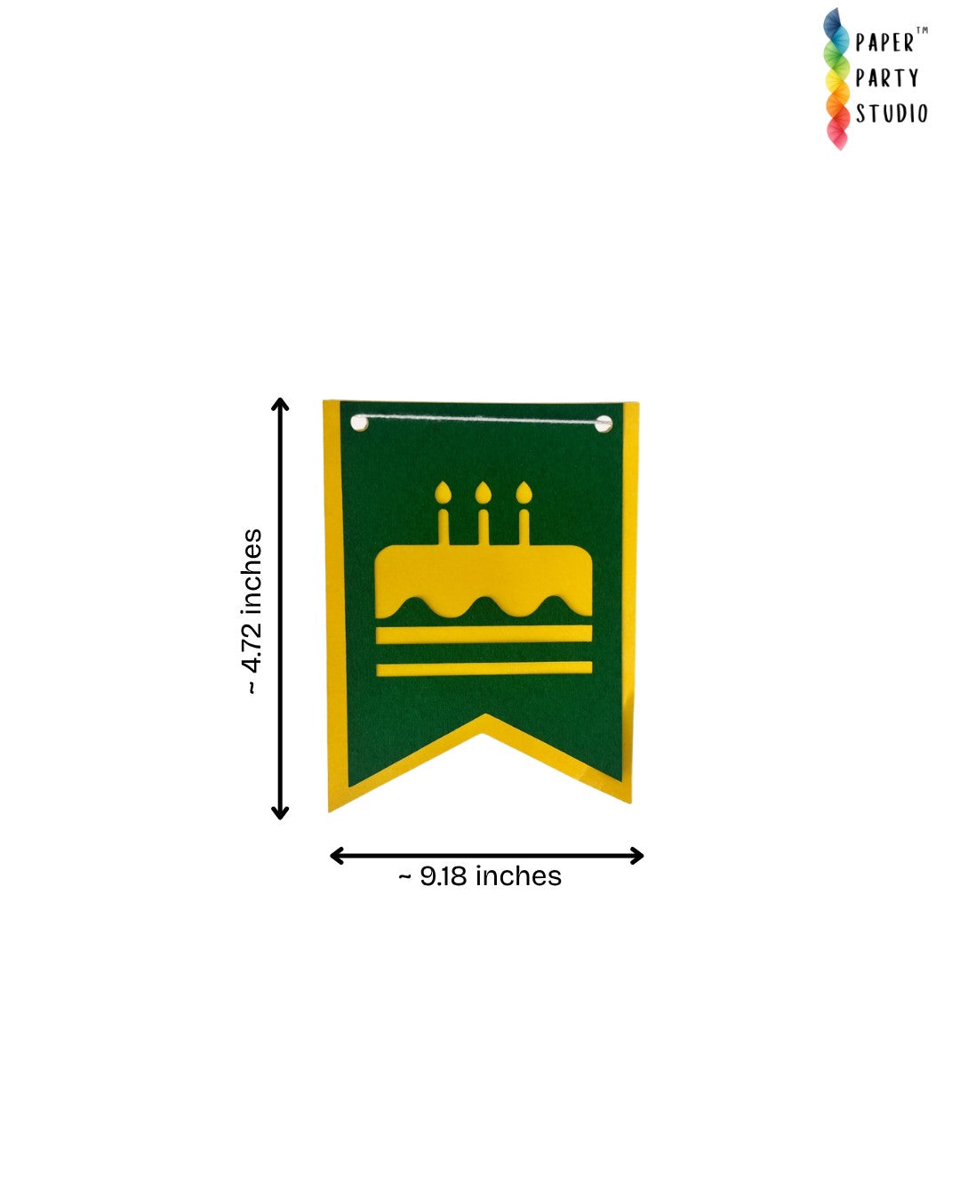 Paper Party Studio green and yellow swallowtail birthday banner flag with a cake cutout and dimension labels.