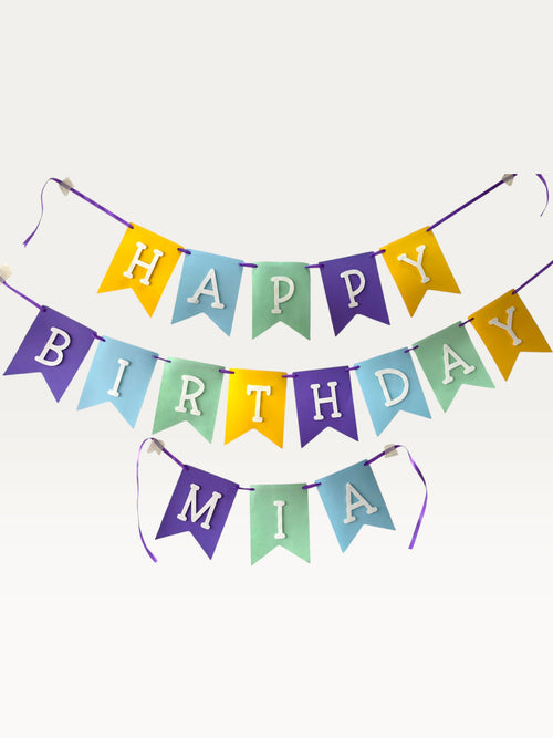 Paper Party Studio personalised Happy Birthday banner with colourful swallowtail flags and white lettering.