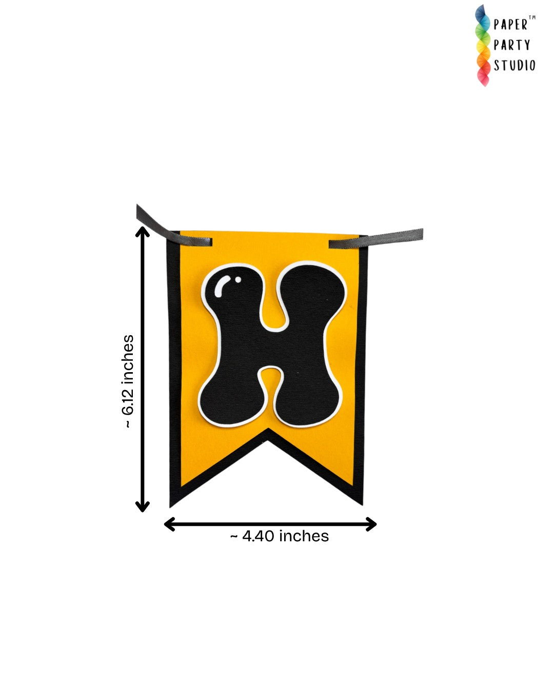 Paper Party Studio swallowtail birthday banner flag in yellow and black with a bubble letter H design.