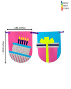 Paper Party Studio custom birthday bunting with colorful cardstock flags featuring cake and gift box illustrations.