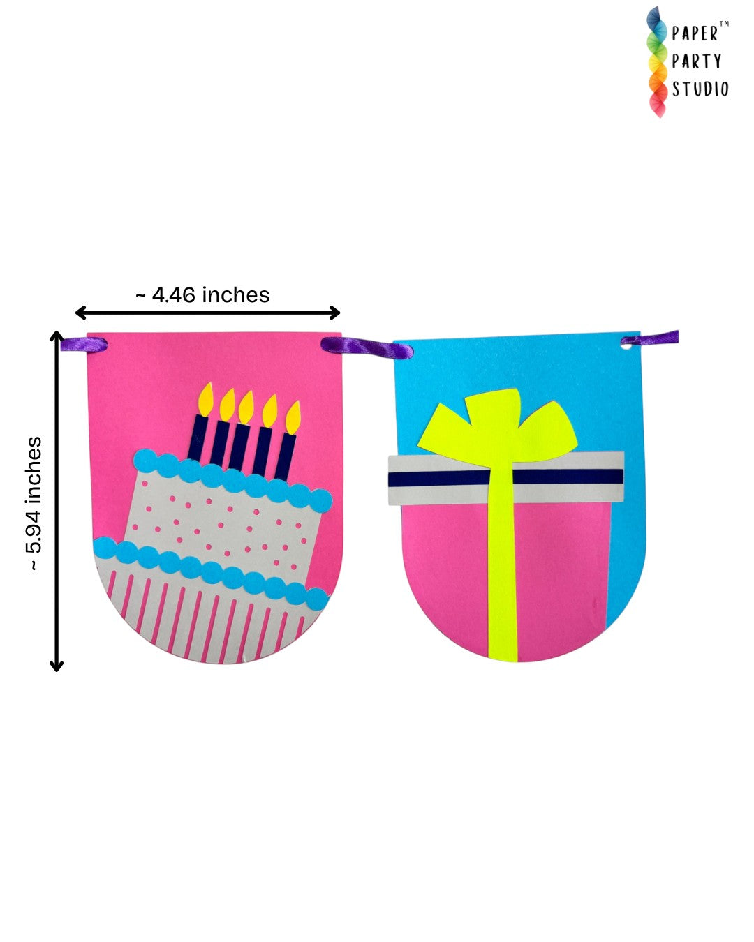 Paper Party Studio custom birthday bunting with colorful cardstock flags featuring cake and gift box illustrations.