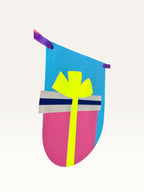 Paper Party Studio birthday bunting flag featuring a colorful paper gift design on a blue U-shaped cardstock pennant.