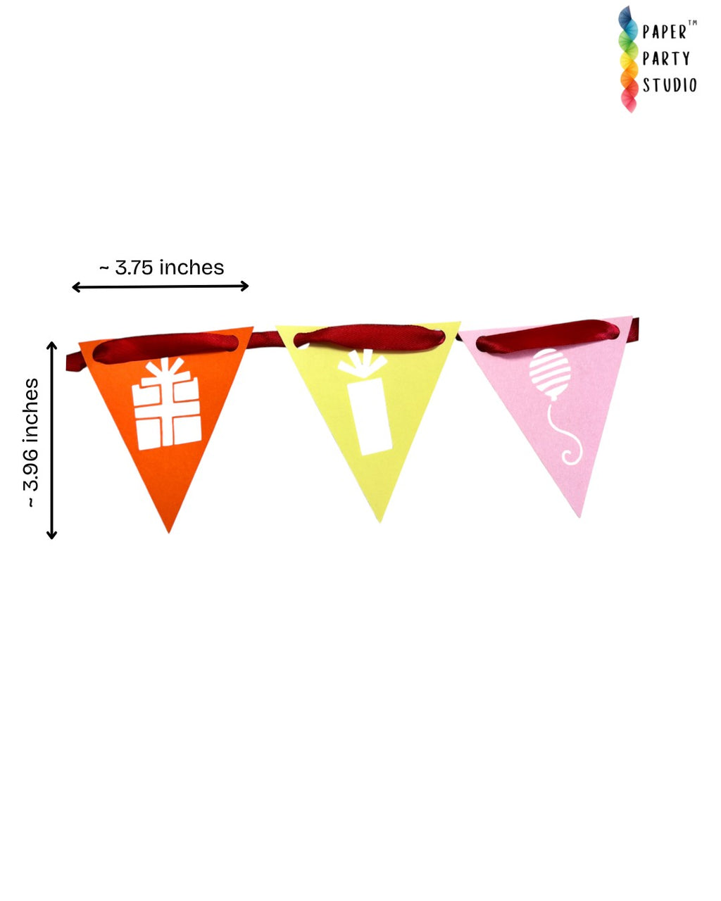 Paper Party Studio birthday pennant bunting with orange, yellow, and pink cardstock flags on a red satin ribbon.