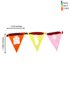 Paper Party Studio birthday pennant bunting with orange, yellow, and pink cardstock flags on a red satin ribbon.